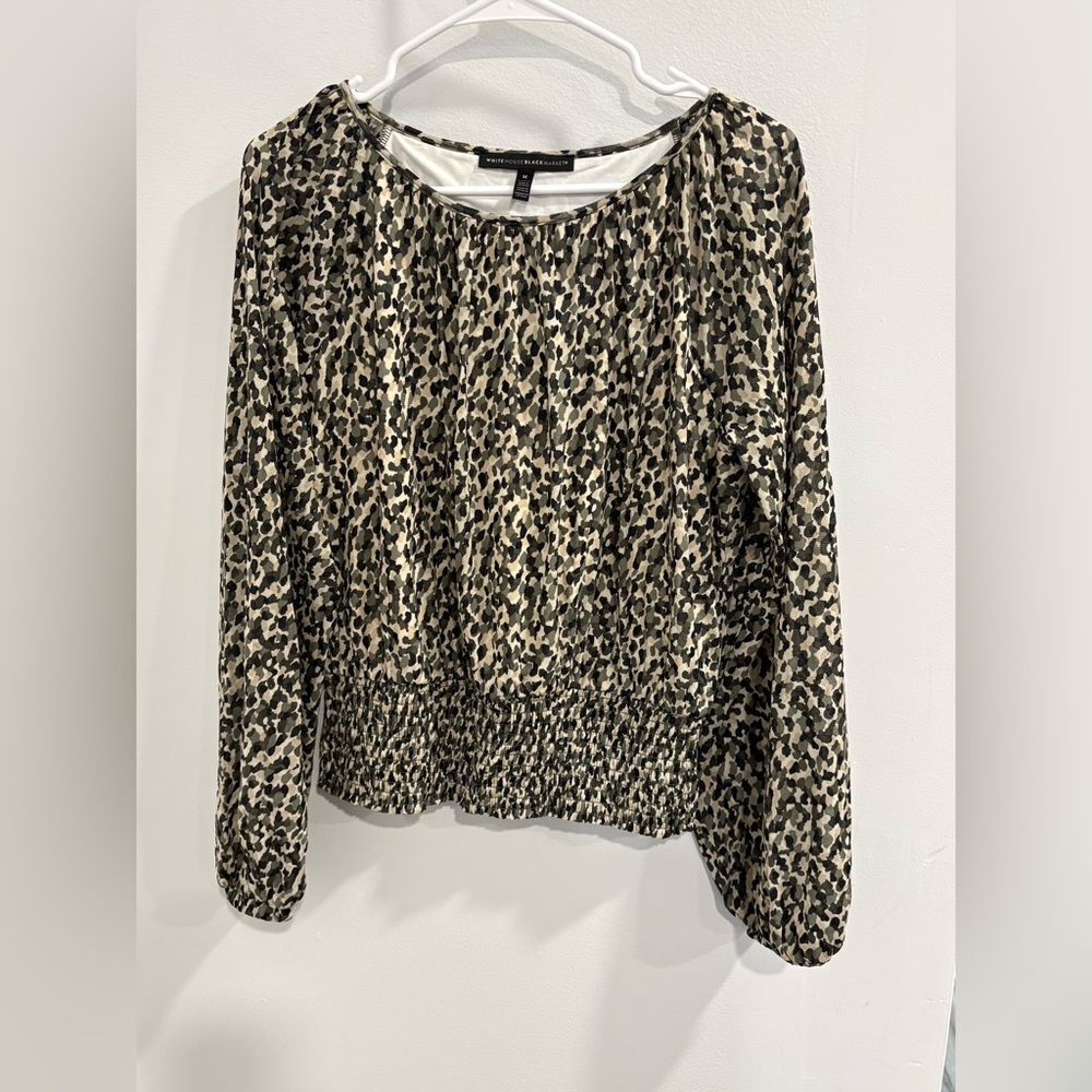 White House Black Market Black Olive Green and Cream Smocked Blouse